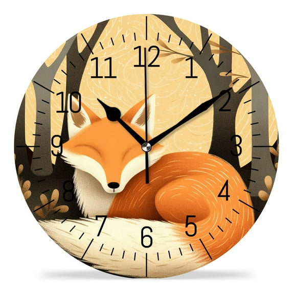 10 Inch Wall Clock Battery Operated Silent Clock Decorative for Office, Kitchen, Outdoor, Living Room,Cute Red Fox Sleeping in The Forest Beautiful Pattern