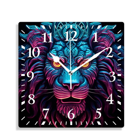 10 Inch Wall Clock Battery Operated Silent Clock Decorative for Office, Kitchen, Outdoor, Living Room,Lion Animal Head Purple Blue Geometric Pattern Art Adorable