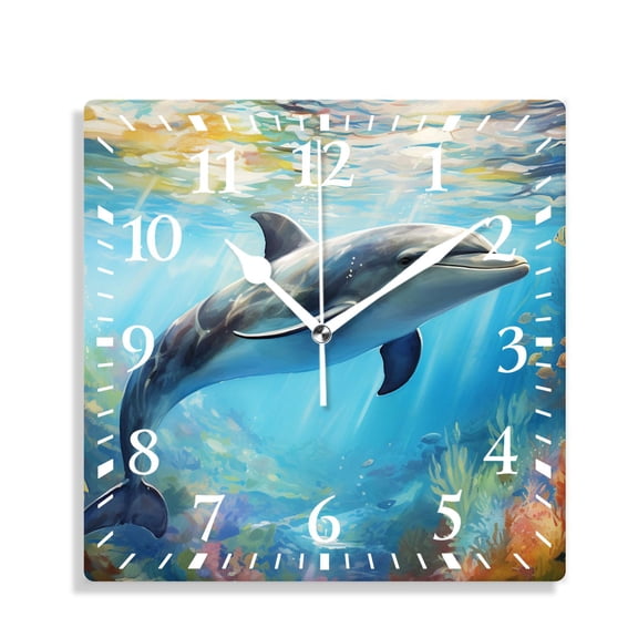 10 Inch Wall Clock Battery Operated Silent Clock Decorative for Office, Kitchen, Outdoor, Living RoomMarine Sea Life Underwater World Dolphin Coral Reef Plant Picture