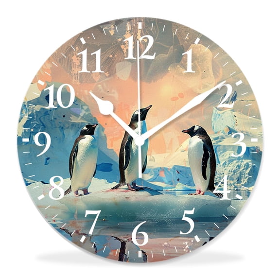10 Inch Wall Clock Battery Operated Silent Clock Decorative for Office, Kitchen, Outdoor, Living RoomPenguin Animal Stand Ice Floe Floating in Blue Ocean Lovely