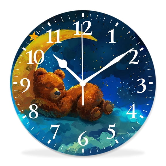 10 Inch Wall Clock Battery Operated Silent Clock Decorative for Office, Kitchen, Outdoor, Living RoomSleeping Bear on Moon Hanging Star Planet Charming