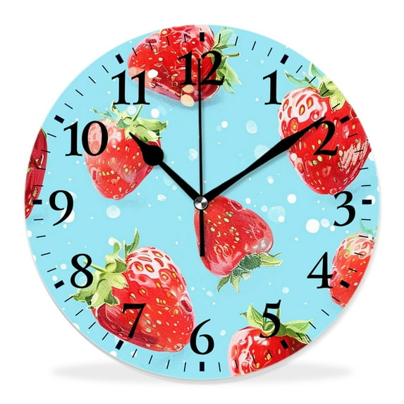 10 Inch Wall Clock Battery Operated Silent Clock Decorative for Office, Kitchen, Outdoor, Living Room,Strawberries Flowers and Leaves on a Blue Background Pretty