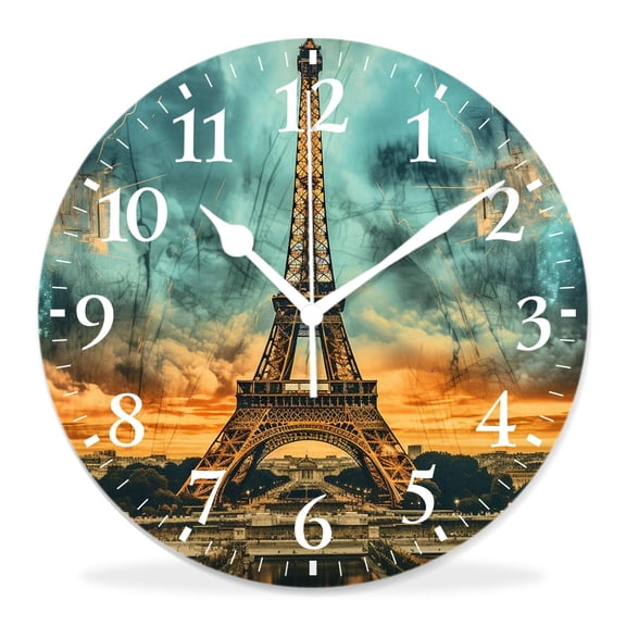 10 Inch Wall Clock Battery Operated Silent Clock Decorative for Office, Kitchen, Outdoor, Living RoomSunset Eiffel Tower in Paris with Tree Branch in Vintage Style Lovely