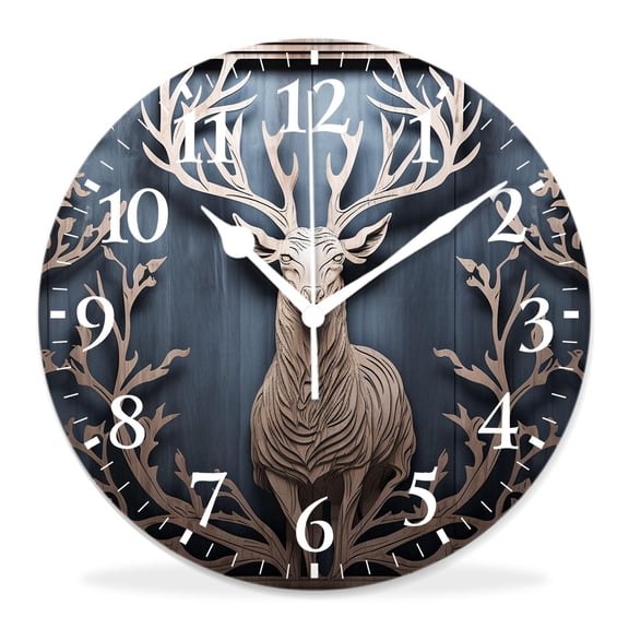 10 Inch Wall Clock Battery Operated Silent Clock Decorative for Office, Kitchen, Outdoor, Living RoomVintage Deer Old forest Tree on Retro White Wooden Style