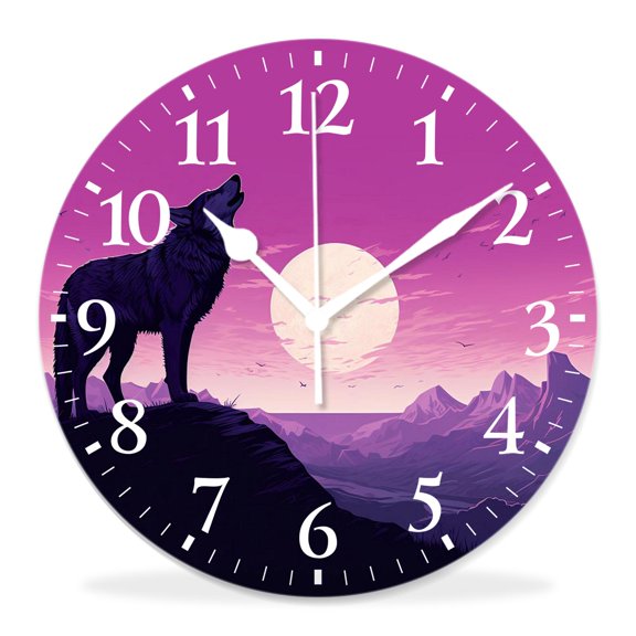 10 Inch Wall Clock Battery Operated Silent Clock Decorative for Office, Kitchen, Outdoor, Living RoomWolf Couple on Mountain Howling Moon Starry Night Sky Exquisite
