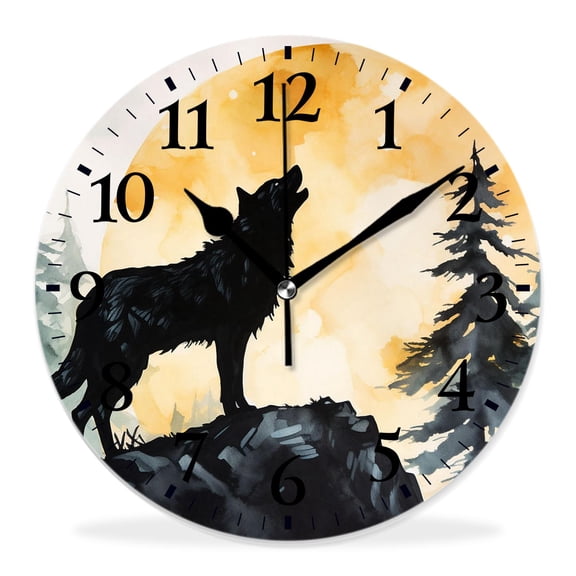 10 Inch Wall Clock Battery Operated Silent Clock Decorative for Office, Kitchen, Outdoor, Living RoomWolf Full Moon Blue Night Galaxy Starry Sky Style