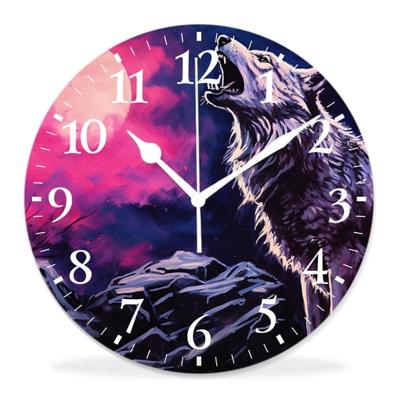 10 Inch Wall Clock Battery Operated Silent Clock Decorative for Office, Kitchen, Outdoor, Living RoomWolf Full Moon Blue Night Galaxy Starry Sky Style