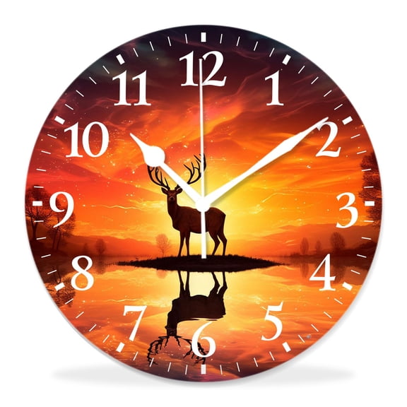 10 Inch Wall Clock Battery Operated Silent Clock Decorative for Office, Kitchen, Outdoor, Living RoomAntlers Hugging Sunset Silhouette Beautiful Drawing