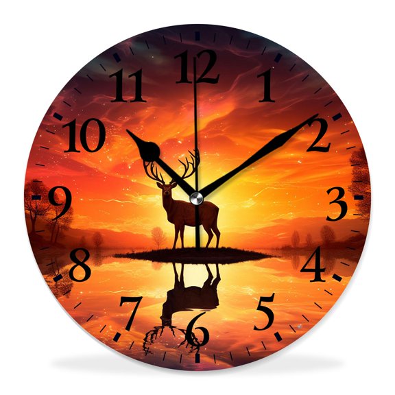 10 Inch Wall Clock Battery Operated Silent Clock Decorative for Office, Kitchen, Outdoor, Living RoomAntlers Hugging Sunset Silhouette Beautiful Drawing