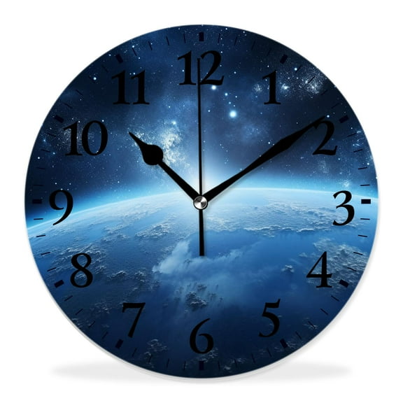 10 Inch Wall Clock Battery Operated Silent Clock Decorative for Office, Kitchen, Outdoor, Living RoomBlue Shiny Earth in Space Globe Planet Solar Print Print