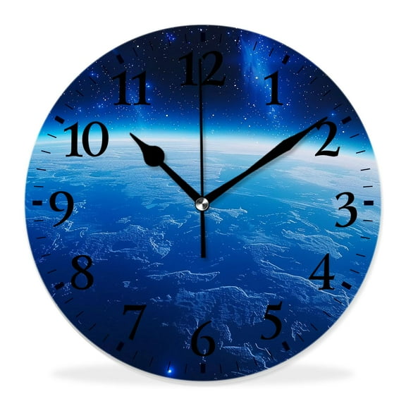 10 Inch Wall Clock Battery Operated Silent Clock Decorative for Office, Kitchen, Outdoor, Living RoomBlue Shiny Earth in Space Luminous Globe Planet Solar Beautiful