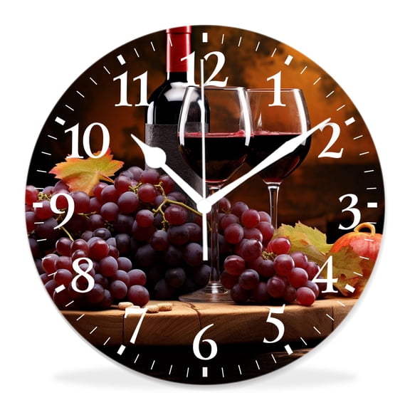 10 Inch Wall Clock Battery Operated Silent Clock Decorative for Office, Kitchen, Outdoor, Living RoomDelicious Red Wine with Grape on Wooden Table Lovely Pattern