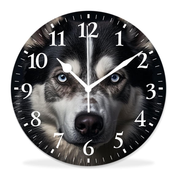 10 Inch Wall Clock Battery Operated Silent Clock Decorative for Office, Kitchen, Outdoor, Living RoomHusky Dog Looking into Light Source Portrait Beautiful Drawings