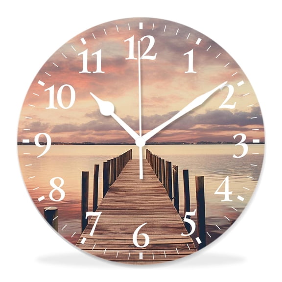 10 Inch Wall Clock Battery Operated Silent Clock Decorative for Office, Kitchen, Outdoor, Living RoomOrange Old Rustic Pier on The Beach and Romantic Design