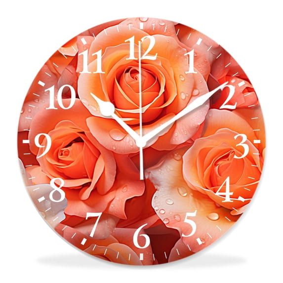 10 Inch Wall Clock Battery Operated Silent Clock Decorative for Office, Kitchen, Outdoor, Living RoomOrange Rose Flower Nature Floral Plant Field Painting