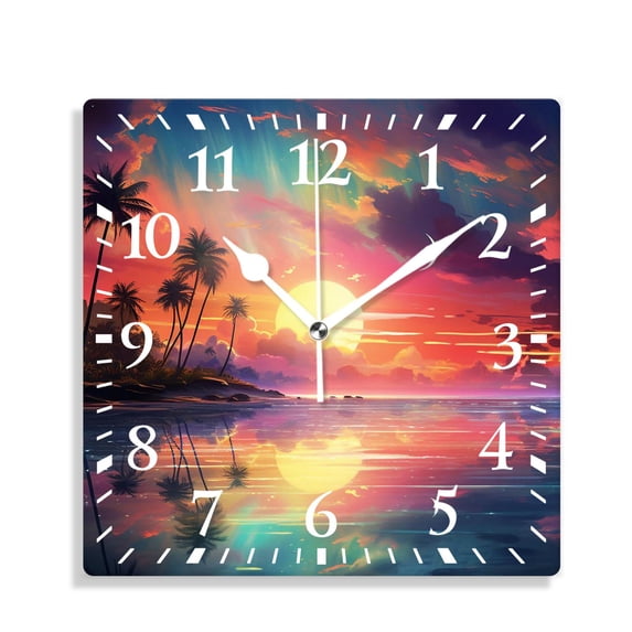 10 Inch Wall Clock Battery Operated Silent Clock Decorative for Office, Kitchen, Outdoor, Living RoomOrange Sunset View Seashore Beach Palms Tree Creative Pattern