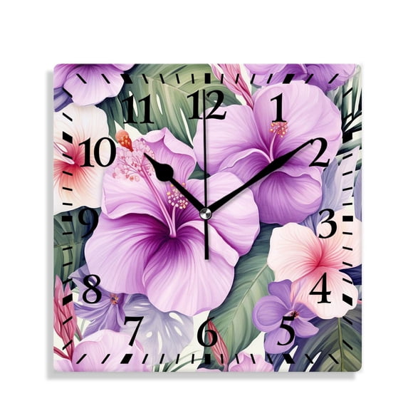 10 Inch Wall Clock Battery Operated Silent Clock Decorative for Office, Kitchen, Outdoor, Living RoomPalm Leaves Tropical Flowers White Hibiscus Multicolor