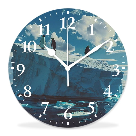 10 Inch Wall Clock Battery Operated Silent Clock Decorative for Office, Kitchen, Outdoor, Living RoomPenguin Animal Stand Ice Floe Floating in Blue Ocean Fantastic