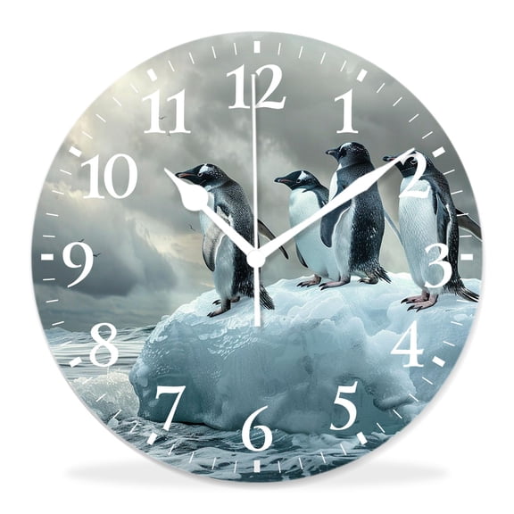 10 Inch Wall Clock Battery Operated Silent Clock Decorative for Office, Kitchen, Outdoor, Living RoomPenguin Animal Stand Ice Floe Floating in Blue Ocean Multicolor