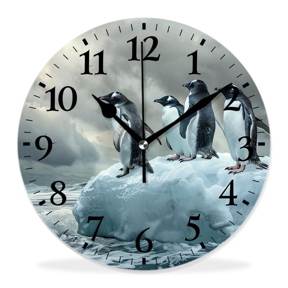 10 Inch Wall Clock Battery Operated Silent Clock Decorative for Office, Kitchen, Outdoor, Living RoomPenguin Animal Stand Ice Floe Floating in Blue Ocean Multicolor