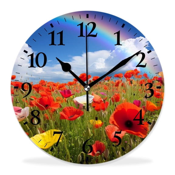 10 Inch Wall Clock Battery Operated Silent Clock Decorative for Office, Kitchen, Outdoor, Living RoomPoppy Flower Meadow with Poppies and Rainbow Reflection Drawing