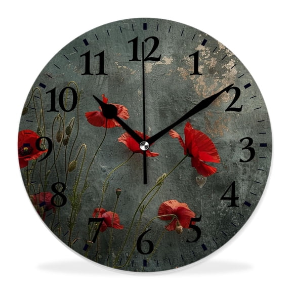 10 Inch Wall Clock Battery Operated Silent Clock Decorative for Office, Kitchen, Outdoor, Living RoomPoppy Flower Vintage Landscape Nature Scenery Vintage Natural