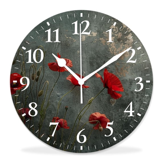 10 Inch Wall Clock Battery Operated Silent Clock Decorative for Office, Kitchen, Outdoor, Living RoomPoppy Flower Vintage Landscape Nature Scenery Vintage Natural