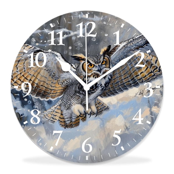 10 Inch Wall Clock Battery Operated Silent Clock Decorative for Office, Kitchen, Outdoor, Living RoomPretty Owl Bird Flying Snow Winter forest Landscape Elegant