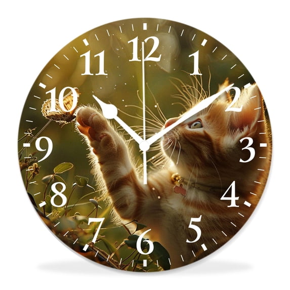 10 Inch Wall Clock Battery Operated Silent Clock Decorative for Office, Kitchen, Outdoor, Living RoomPretty Red Cat Kitten Butterfly on Spring Nature Field Lovely
