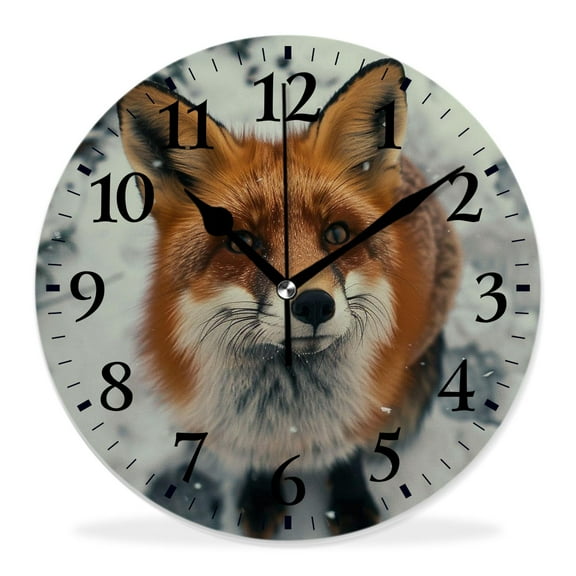 10 Inch Wall Clock Battery Operated Silent Clock Decorative for Office, Kitchen, Outdoor, Living RoomPretty Red Fox Sitting in Winter Snow Woodland forest Multicolor