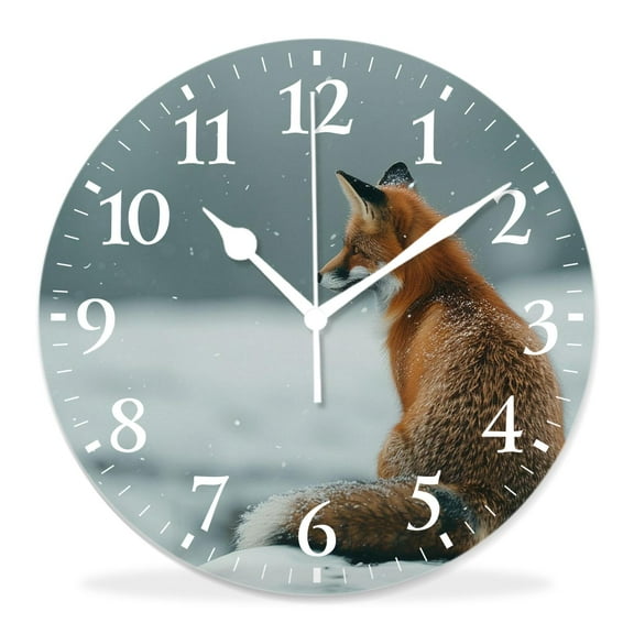 10 Inch Wall Clock Battery Operated Silent Clock Decorative for Office, Kitchen, Outdoor, Living RoomPretty Red Fox Sitting in Winter Snow Woodland forest Pretty