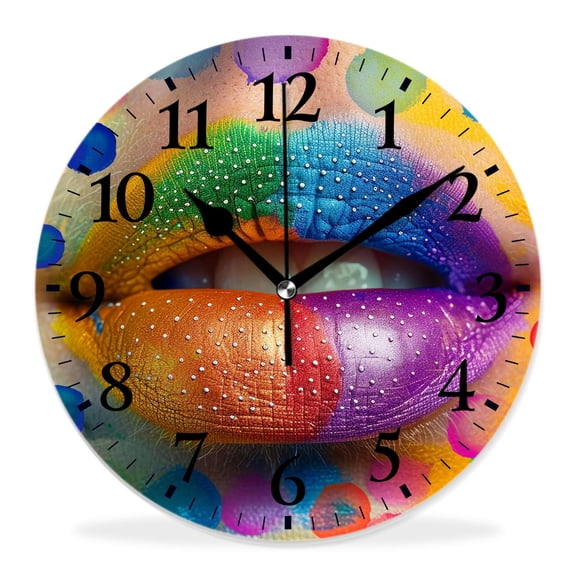 10 Inch Wall Clock Battery Operated Silent Clock Decorative for Office, Kitchen, Outdoor, Living RoomRainbow Color Lip Open Mouth Paint Flow on Beautiful Polka Dot Fantastic