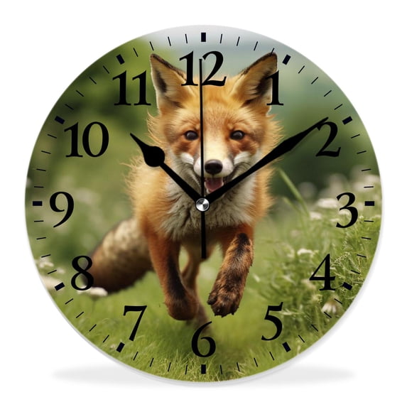 10 Inch Wall Clock Battery Operated Silent Clock Decorative for Office, Kitchen, Outdoor, Living Room,Red Fox Jumping Running in Fresh Green Grass Daytime Painting