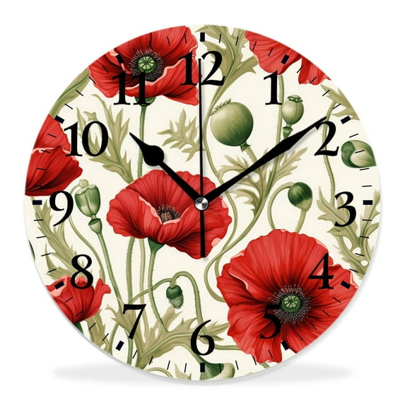 10 Inch Wall Clock Battery Operated Silent Clock Decorative for Office, Kitchen, Outdoor, Living RoomRed Poppy Flower with Green Leaf Pattern Painting