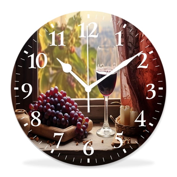 10 Inch Wall Clock Battery Operated Silent Clock Decorative for Office, Kitchen, Outdoor, Living RoomRed Wine with Grapes and Vine Leaves Beautiful Drawing