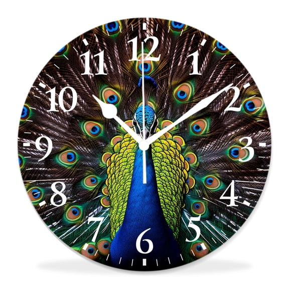 10 Inch Wall Clock Battery Operated Silent Clock Decorative for Office, Kitchen, Outdoor, Living RoomRetro Vintage Peacock Show Tail Feather Beautiful Bird Lovely