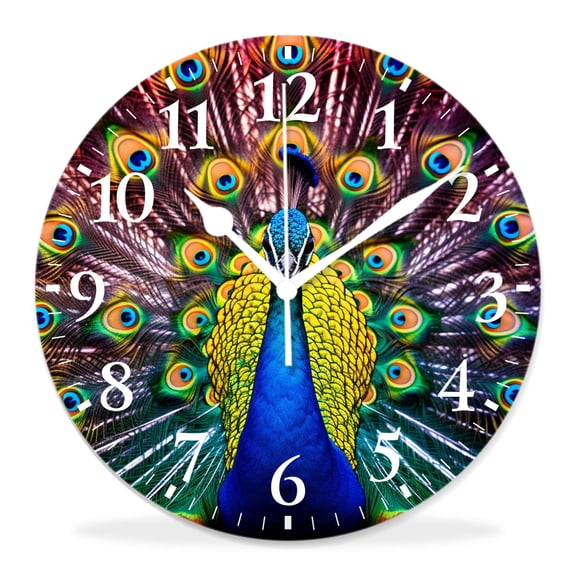 10 Inch Wall Clock Battery Operated Silent Clock Decorative for Office, Kitchen, Outdoor, Living RoomRetro Vintage Peacock Show Tail Feather Beautiful Bird Multicolor