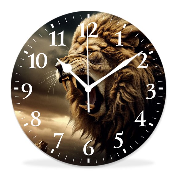 10 Inch Wall Clock Battery Operated Silent Clock Decorative for Office, Kitchen, Outdoor, Living RoomRoaring Lion Against Stormy Sky Beautiful Pattern