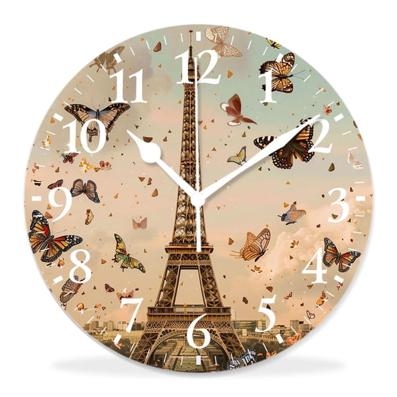 10 Inch Wall Clock Battery Operated Silent Clock Decorative for Office, Kitchen, Outdoor, Living RoomRomantic Paris Eiffel Tower Floral Flowers Lovely