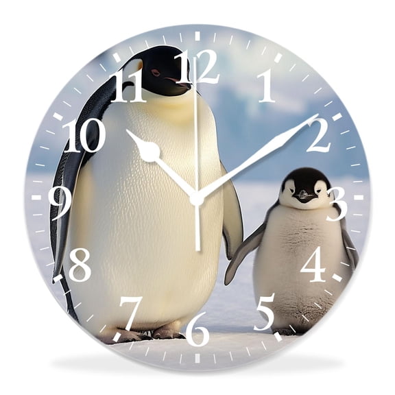 10 Inch Wall Clock Battery Operated Silent Clock Decorative for Office, Kitchen, Outdoor, Living RoomSouth Pole Penguin Hold Hand Stand on Rock with White Ocean Art