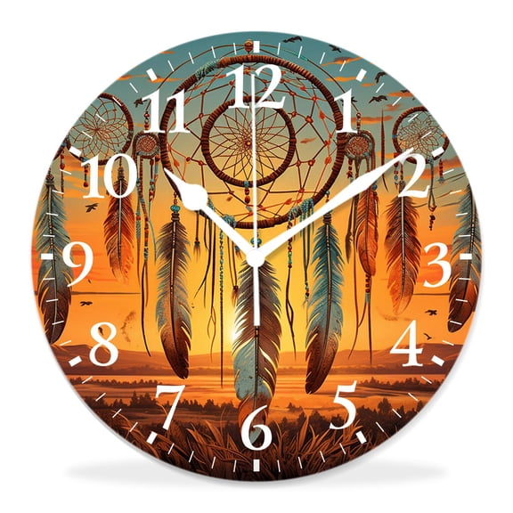 10 Inch Wall Clock Battery Operated Silent Clock Decorative for Office, Kitchen, Outdoor, Living RoomSunset Sky Boho Chic Dreamcatcher Ethnic Tribal Multicolor