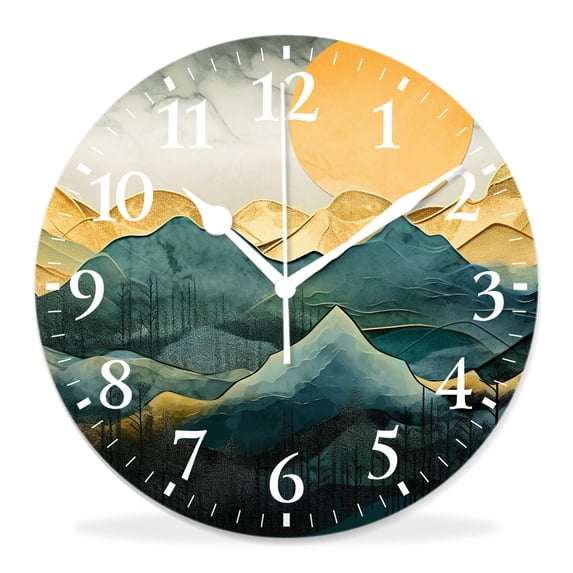 10 Inch Wall Clock Battery Operated Silent Clock Decorative for Office, Kitchen, Outdoor, Living RoomThe Green Golden Mountains By Sunset Cute Pattern