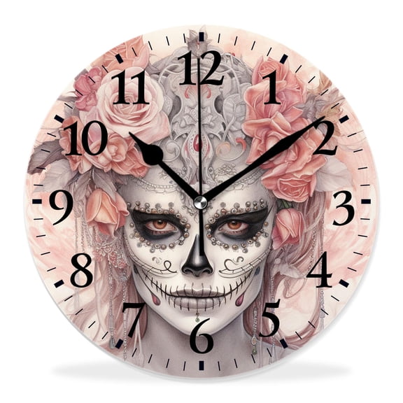 10 Inch Wall Clock Battery Operated Silent Clock Decorative for Office, Kitchen, Outdoor, Living RoomVintage Day of The Dead Skull Girl and Flower Colorful Print
