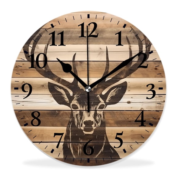 10 Inch Wall Clock Battery Operated Silent Clock Decorative for Office, Kitchen, Outdoor, Living RoomVintage Deer Old forest Tree on Retro White Wooden Design