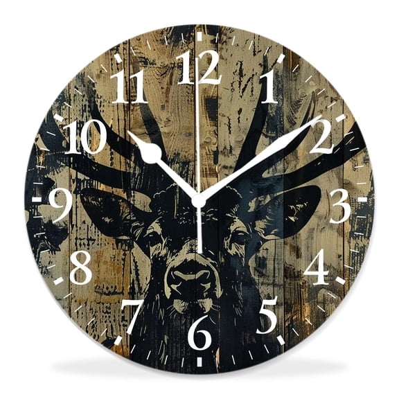 10 Inch Wall Clock Battery Operated Silent Clock Decorative for Office, Kitchen, Outdoor, Living RoomVintage Deer Old forest Tree on White Wooden Elegant