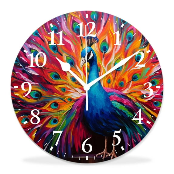 10 Inch Wall Clock Battery Operated Silent Clock Decorative for Office, Kitchen, Outdoor, Living RoomVintage Hippie Peacock Feathers Beautiful Pattern