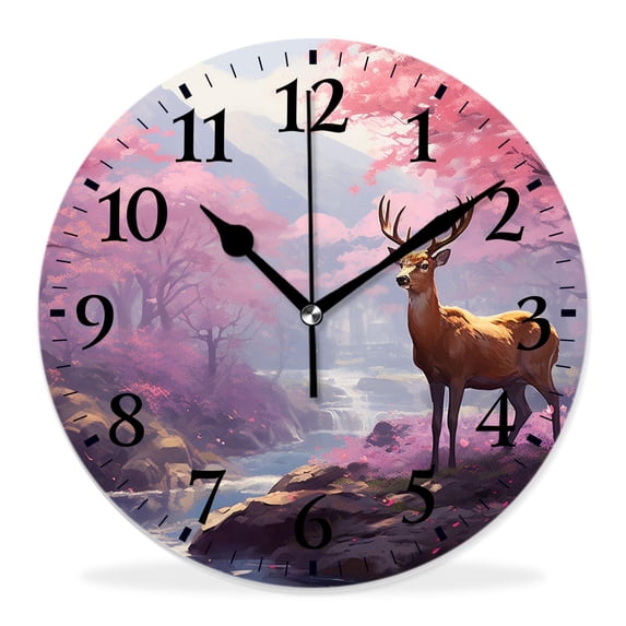 10 Inch Wall Clock Battery Operated Silent Clock Decorative for Office, Kitchen, Outdoor, Living RoomWatercolor Painting Cherry Blossom Tree of Life Deer Bright Color Style