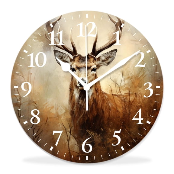 10 Inch Wall Clock Battery Operated Silent Clock Decorative for Office, Kitchen, Outdoor, Living RoomWatercolor Painting Red Deer Stag with Antler in Autumn Fall forest Landscape Multicolor