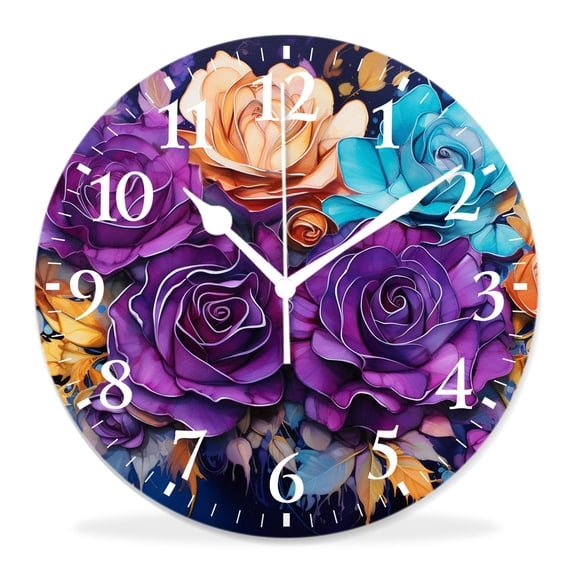 10 Inch Wall Clock Battery Operated Silent Clock Decorative for Office, Kitchen, Outdoor, Living Room,Watercolor Purple Rose Floral Semi Wreath Flower Leaves Branch Exquisite