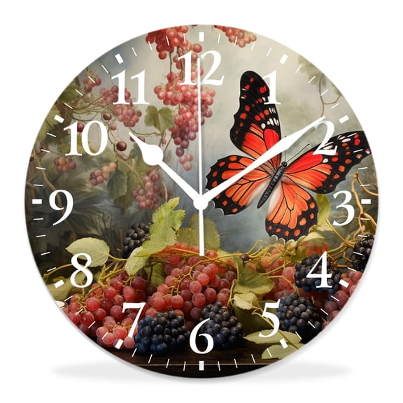 10 Inch Wall Clock Battery Operated Silent Clock Decorative for Office, Kitchen, Outdoor, Living RoomWild Herb Plant with Butterfly Strawberry Pattern Adorable